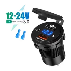 Carregador USB veicular Carro Barco Aeronave Turbo QC 3.0 60W Voltímetro e USB-C Para 12V/24V