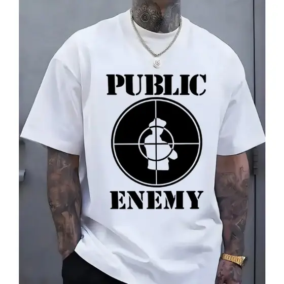 Bonito Camiseta Masculina Casual E Algodão Com Estampa Preto Public Enemy Alvo Oversized Streetwear