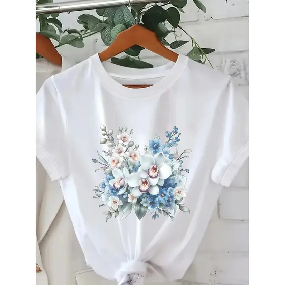 Camiseta Masculina Feminina Oversized Estampa Buquê de Orquídeas Flores Azuis T‑shirt Streetwear Moda Casual Floral