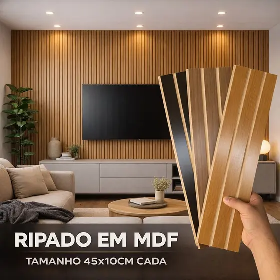 Kit 5 À 50 Placas Ripada Autocolante MDF Madeira Premium 45X10 Decorativo Quarto Sala Tv Penteadeira