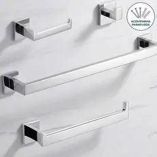 Kit Acessórios Banheiro 4 Peças Inox Quadrado Toalheiro 60cm Premium Luxo Cromado Antiferrugem preto
