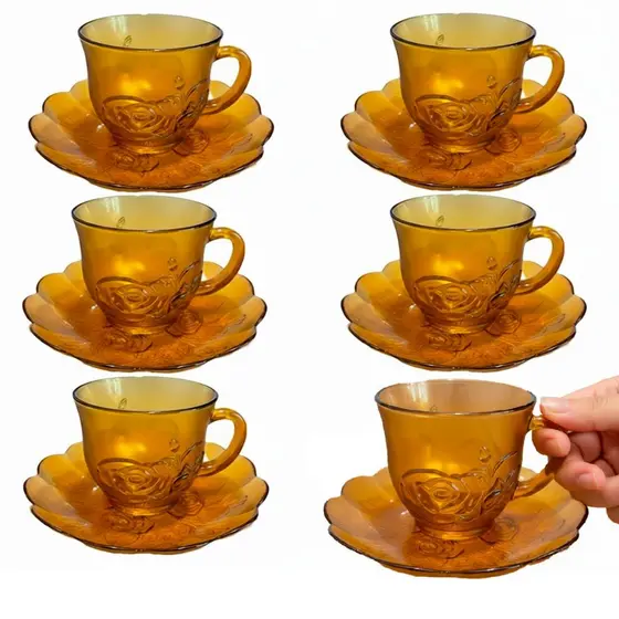 Jogo Kit de Xicaras 12 Peças de Vidro Decorado Cor Ambar 6 Xicaras e 6 Pires Resistente Café e Chá