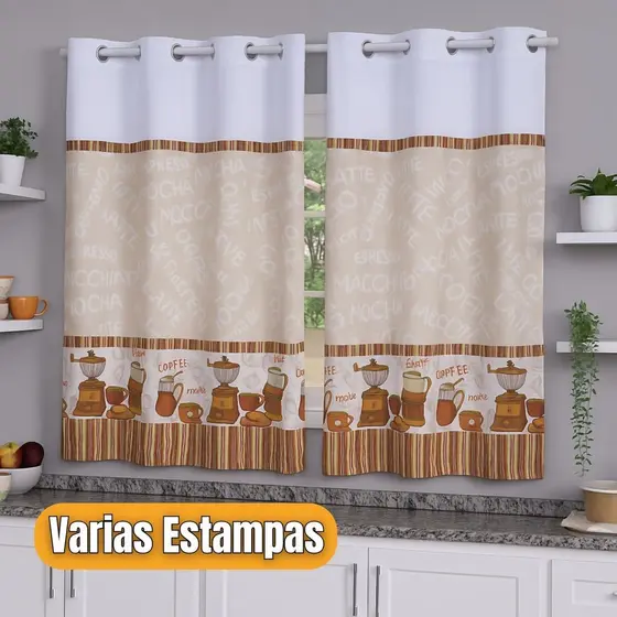 Cortina Cozinha Oxford 2,00x1,40m Estampada Tecido Poliéster Leve Decorativa Girassol Cappuccino Galinha Cacto Café