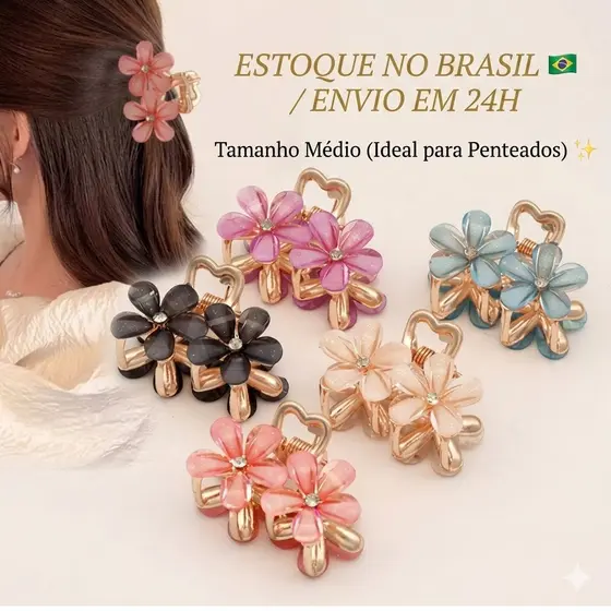 Kit 3/6/9/12 Unidades Piranhas de cabelo meio amarrado com flor de strass tamanho médio requintado e sofisticado