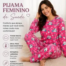 Pijama Feminino de Inverno Suede Blusa Manga Longa + Calça Super Macio e Quentinho Estampas Variadas