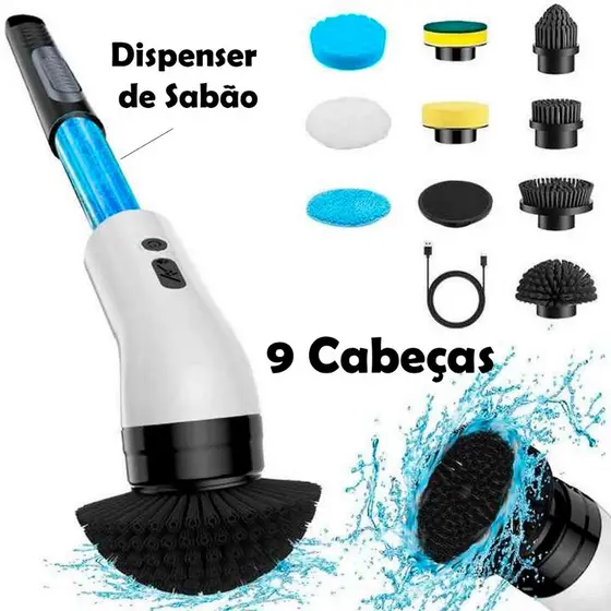 Escova Elétrica de Limpeza 9 em 1 Giratória Recarregável USB com Dispenser de Sabão