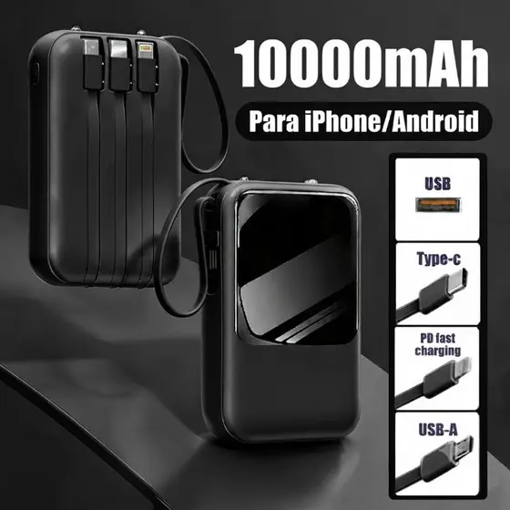 Carregador Portátil 10000mAh Display Digital com 4 Cabos Integrados Power Bank Voltmax