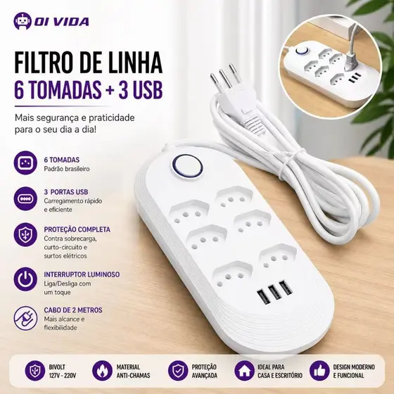 Régua Filtro de Linha com 7 Tomadas Extensão Elétrica 1 Universal 4 USB Bivolt 10A 110v/220v Cabo de 2 Metros Seguro e c