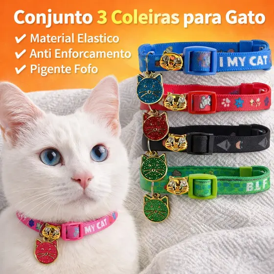 Conj c/ varias Coleiras Gato Ajustável Elástica Anti Enforcamento Pingente Fofo Segurança Pet Cores Variadas