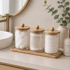 🍬🛀 Organizador com 3 Potes Transparentes e Bandeja de Bambu | Para Cozinha, Banheiro e Penteadeira