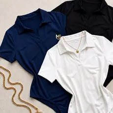 Kit 3 Bodi Polo Feminino Suplex Manga Curta Básico Premium Confortável Ajustado Gola Polo Elegante