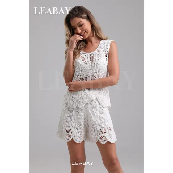 Conjunto Feminino de Verão Sem Manga Design Premium, Crochê Vazado, Ajustado e Sofisticado
