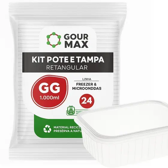 POTE RETANGULAR 1000ML GOURMAX COM TAMPA 24 UNIDADES – POTE PLÁSTICO DESCARTÁVEL PARA ALIMENTOS