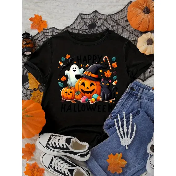 Camiseta Feminina  Halloween Abóbora Gato Assustador, Oversized 100% Algodão Confecção Própria