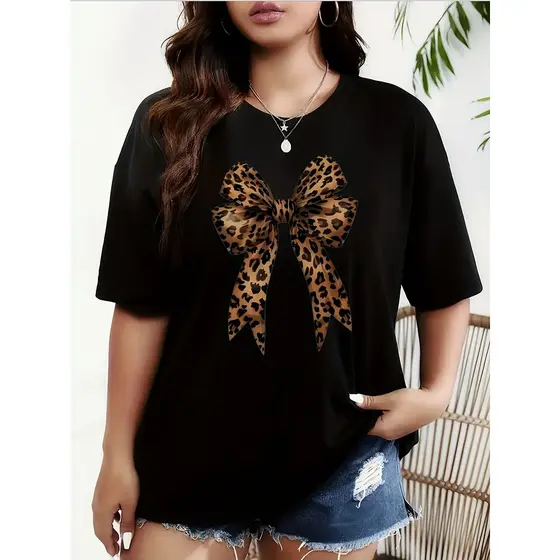Camiseta Premium Feminina Plus Size Estampa Leopardo Gravata Borboleta, Unissex Oversized 100% Algodão