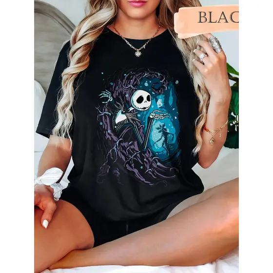 Camiseta Masculina Jack Skellington Cidade Halloween Básica Oversized 100% Algodão