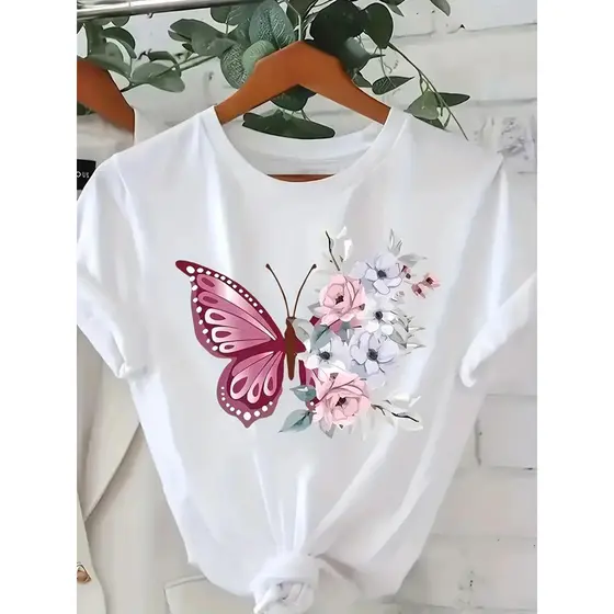Camiseta Feminina Premium Plus Size Preta, Estampa Flores Borboletas Rosa, Oversized 100% Algodão Confecção Própria