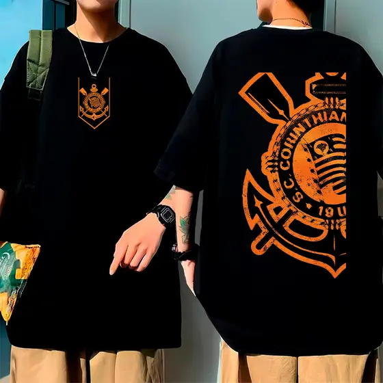 Camiseta Oversized Unisex Preta Corinthians com Escudo e Texto, Moda Esportiva Premium