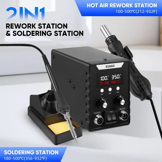 Estaçao de solda e retrabalho 8586D 45dB 1000W 2 em 1 Soprador de ar quente para soldagem e dessoldagem SMD