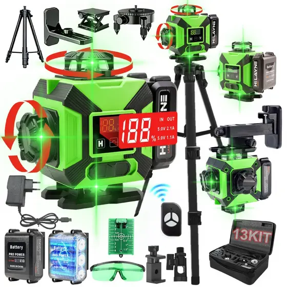 Nível Laser 16 Linhas Profissional Verde Nível 360° Auto-Nivelante 4D + Tripé 1,2 metros +5000 mAh Baterias*2