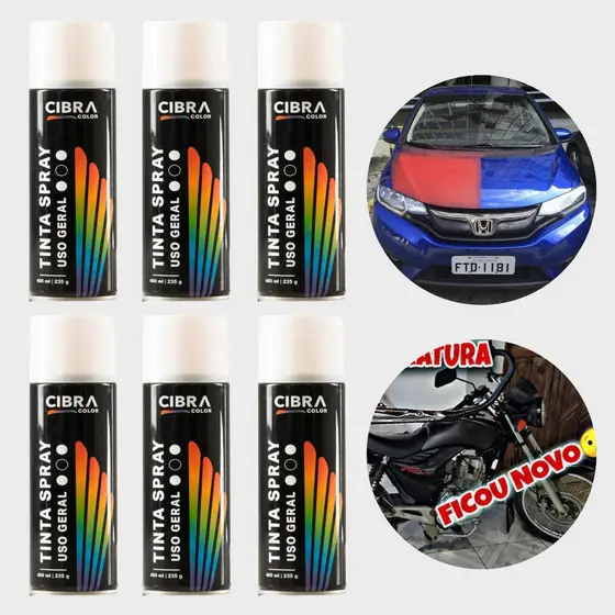 Kit 6 Tinta Automotiva Spray Cibra BRANCO BRILHANTE 400ml 235g Multiuso Metal Madeira Mais Vendido