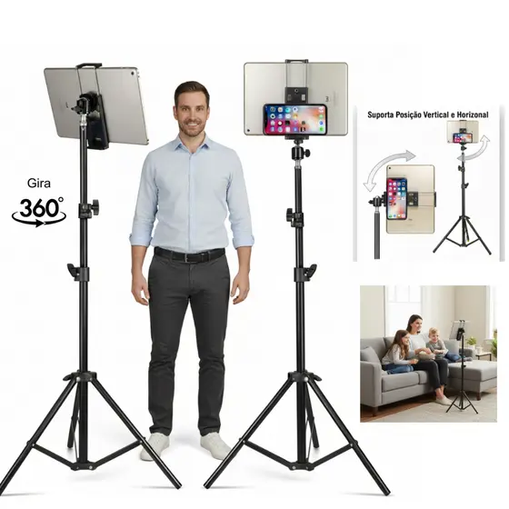 Tripé Celular Profissional 2m Alumínio Para iPhone iPad Suporte para Celular e Tablet Universal Para Lives Vídeos Fotos