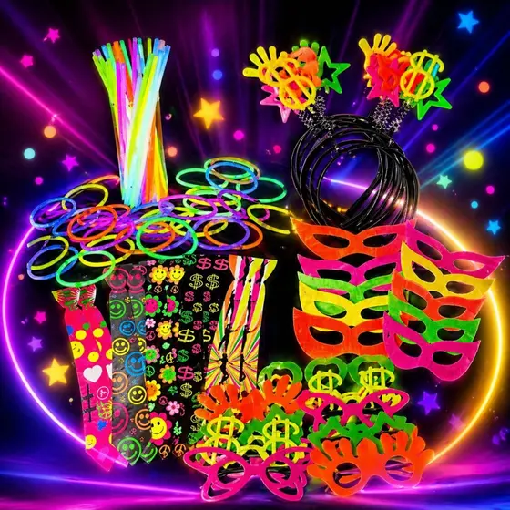 Kit Balada 150 peças Festa Neon Pulseira Oculos Mascara Tiara Gravata Plaquinha
