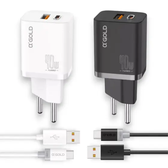 Carregador A'Gold CA42-3 Turbo 40W USB + USB-C 9.1A com Cabo USB-C Carga Rápida