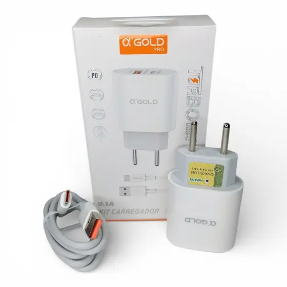 Carregador Turbo A'Gold CA40-3 40W 9.1A USB + USB-C com Cabo USB-A para Tipo-C Carregamento Rápido