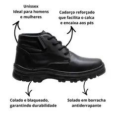 Bota de Segurança em Couro Legitimo Preto de Amarrar Unissex Trabalho EPI Sola Antiderrapante Colada Costurada C.A PVC