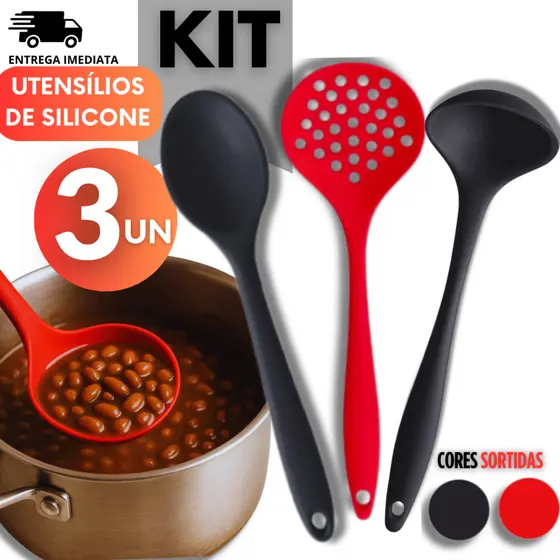 Kit 3 Unidades - Utensilios Colher de Arroz Silicone Concha Multiuso Premium Escumadeira para Fritura Linha Premium