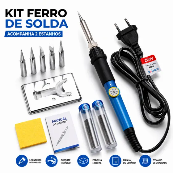 Kit Ferro de Solda 60W Profissional com Estanho Soldador Elétrico para Eletrônica Manutenção Reparos Soldagem