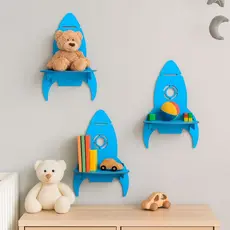 Prateleira Infantil Foguete MDF Azul – Nicho Decorativo Quarto Bebê Espaço Astronauta