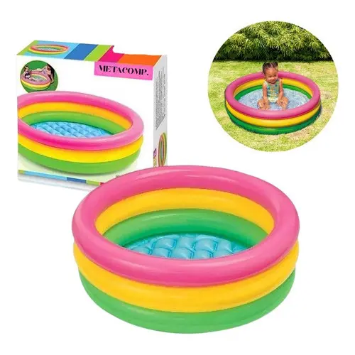 Piscina Infantil Inflável com 3 Aneis Coloridos e Fundo Inflável para Segurança Redonda de 125L