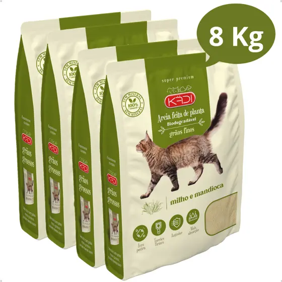 Kit 4 Areia Higiênica Natural Biodegradável de Grãos Finos de Milho e Mandioca para Gatos Kadi 2 kg