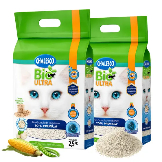 Areia Higiênica Biodegradável de Tofu para Gatos Bio Ultra Chalesco Granulado Premium Natural 2,5 Kg