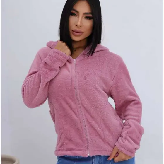 Jaqueta Feminina de Frio Ted Ultra Soft Casaco Pelinhos Veludo com Capuz e Zíper Peluciado Quentinho Felpudo