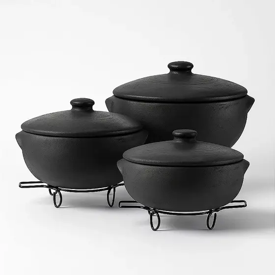 Kit 3 Panelas de Barro Capixaba N°1 Com Tampas + 3 Suporte De Ferro Para Panelas - Curadas * COM GARANTIA DE FABRICA*