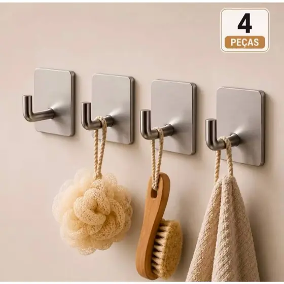 Kit 4 Ganchos Inox Adesivo de Parede Autocolante 3m Cabide