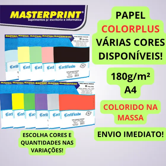 Papel Colorplus 180g A4 Masterprint Preto Verde Vermelho Amarelo Rosa Azul Artesanato Personalizado