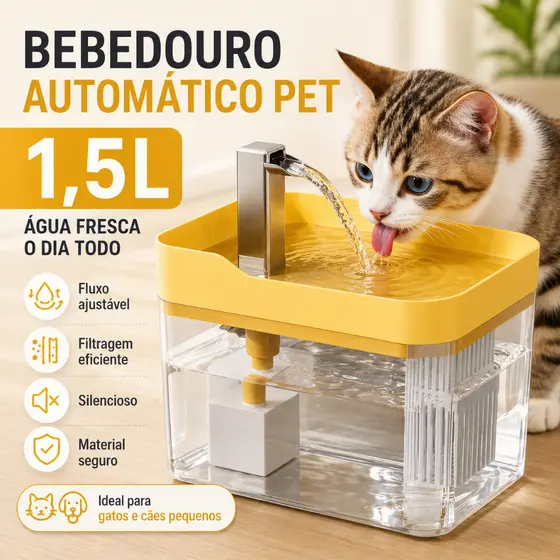 Bebedouro Automático para Gatos e Cães: Circulação de Água com Filtro de 1,5 Litro e Base Segura