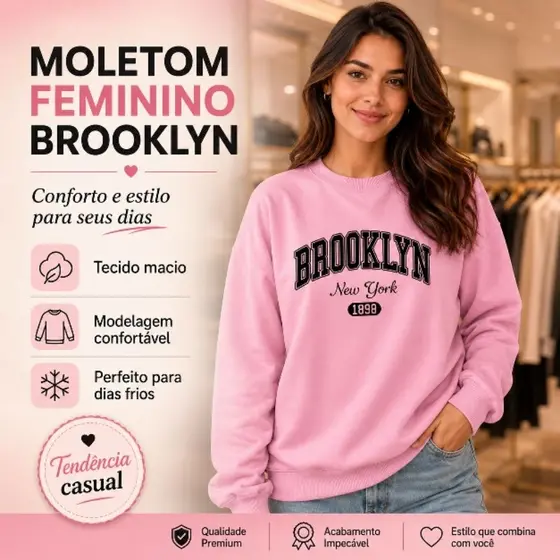 Blusa de Frio Moletom Feminino Brooklyn Sem Capuz Flanelado