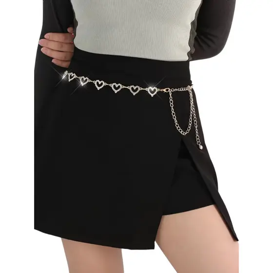 Cinto feminino corrente de festa coração de metal brilhante com diamantes