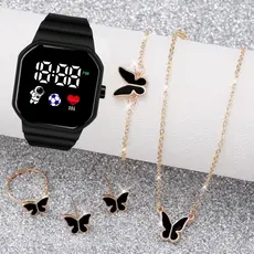 Conjunto De Relógio Digital Feminino Elegante De 6 Peças-Pulseira De Silicone Com Tela LED , E Colar Borboleta