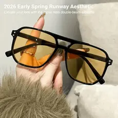 Óculos De Sol Retrô De Feixe Duplo , Armação Grande , Proteção UV , Lentes Oceânicas , Moda Minimalista , Unissex