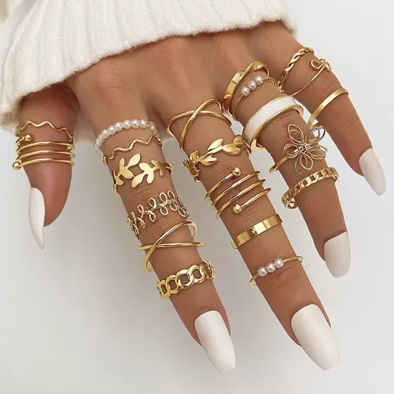 Conjunto de 22 peças elegante imitação de pérola flor folha Design geométrico conjunto de anéis femininos