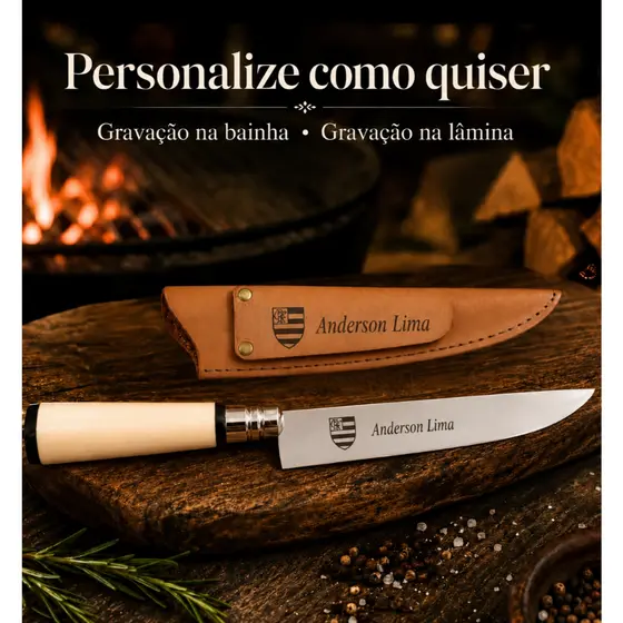Faca Churrasco Artesanal Personalizada de Inox Cozinha Profissional Cabos Coloridos e Bainha em Couro Legítimo