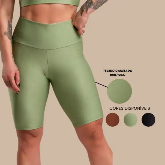 Bermuda Lisa Fitness Feminina Canelado Brilhoso Academia Esportiva Treino Cintura Alta Com Brilho