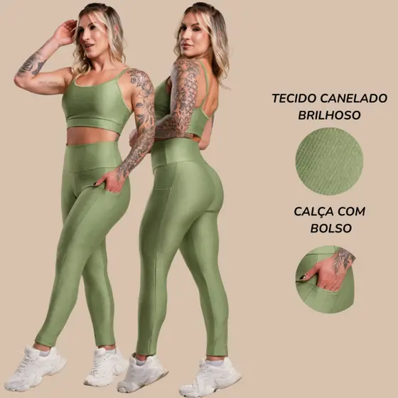 Conjunto Fitness Feminino Canelado Brilhoso Academia Top Alça e Calça Legging Bolso Cintura Alta Look
