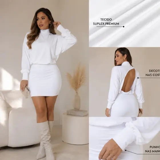 Vestido Feminino Curto Justo Manga Longa Gola Alta Costas Abertas Balada Manga Morcego Moderno Elegante Rodeio Festas